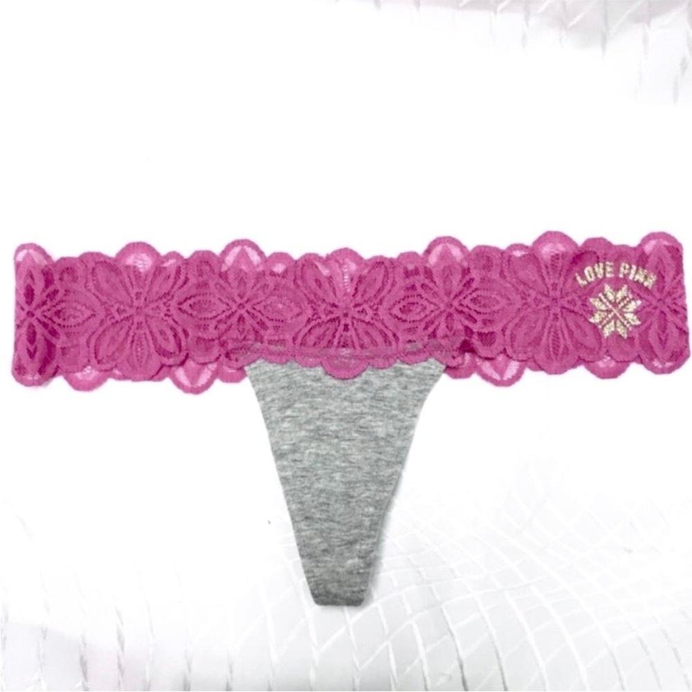 PINK Victoria's Secret Floral Lace Thong-Magenta/Gray with Logo Flamingo Shortie